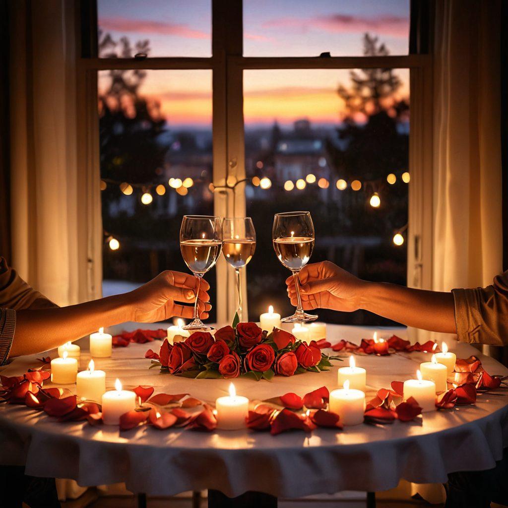 A cozy candlelit dinner setting for two, featuring soft glowing lights, a beautifully set table with rose petals, and intertwined hands of a couple expressing affection. In the background, there is a warm sunset view through an open window, symbolizing intimacy and romance. This composition should evoke feelings of love and connection. super-realistic. warm colors. soft focus.