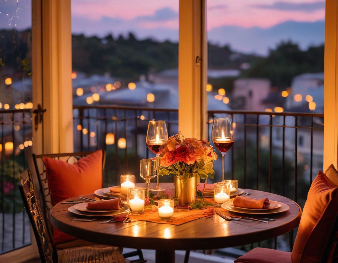A romantic candlelit dinner setup on a balcony overlooking a city skyline at sunset, featuring a beautifully arranged table with flowers, soft glowing candles, and two wine glasses. In the background, couples joyfully dancing under twinkling fairy lights, symbolizing passion and connection. A warm, inviting color palette to evoke feelings of love and intimacy. romantic illustration. vibrant colors. soft focus.